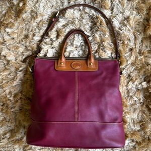 Dooney & Bourke dark raspberry/burgundy maroon brown brass leather purse bag